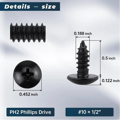 Seventy Five Pack Ten By Half Inch Truss Head Self Tapping Screws For Wood And Metal Crafted From Rust Proof Eighteen Eight Stainless Steel With Phillips Bits For Tough Builds That Grip Tight Without A Hassle showing detailed size and dimensions.