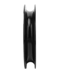 Side view of black forklift hose sheave pulley replacement plastic material for smooth cable movement and heavy duty lifting.