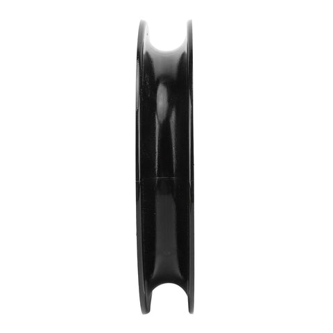 Side view of black forklift hose sheave pulley replacement plastic material for smooth cable movement and heavy duty lifting.