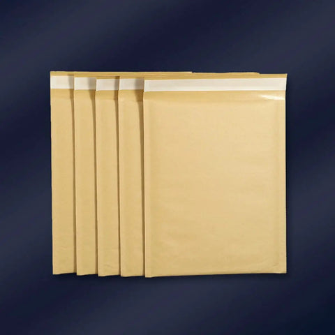 Self Sealing Kraft Bubble Mailers 16x22cm Padded Shipping Bags 25 Pack shown with flap on dark background