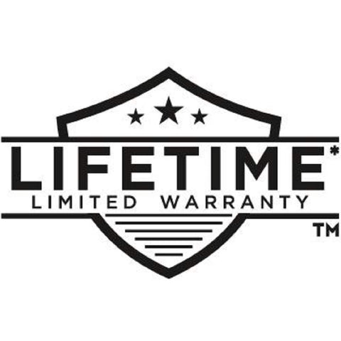 Lifetime limited warranty badge with stars, black and white shield design, representing product guarantee quality assurance.