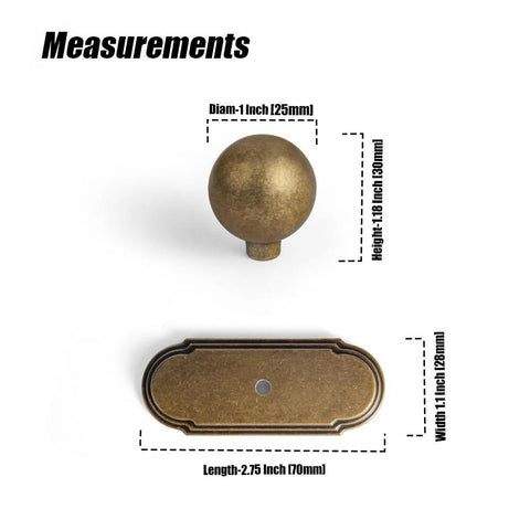 Antique Brass Cabinet Knob With Backplate Set, 24mm Diameter Zinc Alloy Hardware, measurements of knob and backplate