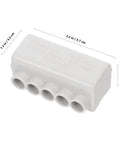 White plastic 4 Pack Electrical Connector Block Quick Connectors For Wiring Space Saving Design For Cabinets And Industrial Use 80A Overheating Prevention Fast Installation Plug And Play Wiring With Various Wire Gauges, shown in detailed view.
