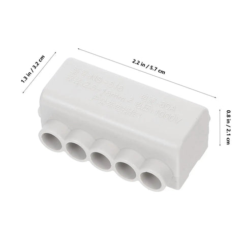 White plastic 4 Pack Electrical Connector Block Quick Connectors For Wiring Space Saving Design For Cabinets And Industrial Use 80A Overheating Prevention Fast Installation Plug And Play Wiring With Various Wire Gauges, shown in detailed view.