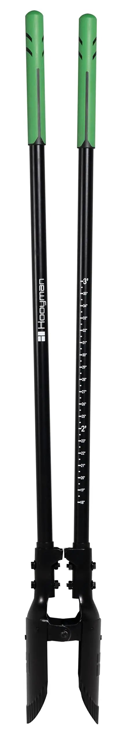 Beefy Post Hole Digger With No Slip H Grip Handles, Rugged Fiberglass Core, Serrated Head, Depth Gauge Markings, 58 Inch Shaft