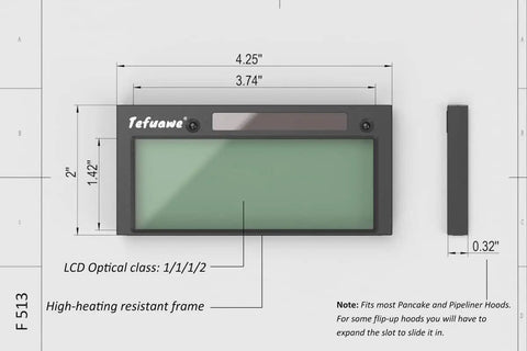 Auto Darkening Welding Lens With True Color Blue Tech, Variable Shade 5-13, 2x4.25 Inch Panels, front view with dimensions