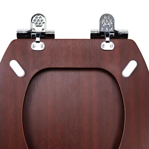 Standard 17 Inch White Toilet Seat Slow Close Soft Drop Lid High Density Board Core Easy Wipe Finish showing chrome brackets.
