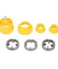 Heavy Duty 6 Piece Alloy Steel Pipe Threader Tool Set For Pvc And Metal Conduit Includes Half Inch Three Quarters And One Inch Dies With Tap Die Chasers For Manual Electric Drill Plumbing Jobs, showing various sizes of yellow and gray threader components.