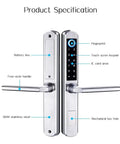 Tough As Nails Waterproof Gate Lock Featuring Fingerprint Scan Smart App Control And Keypad Access For Aluminum Or Iron Doors Quick Biometric Entry, showing stainless steel keypad and handle.