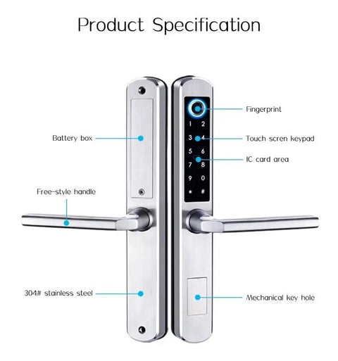 Tough As Nails Waterproof Gate Lock Featuring Fingerprint Scan Smart App Control And Keypad Access For Aluminum Or Iron Doors Quick Biometric Entry, showing stainless steel keypad and handle.
