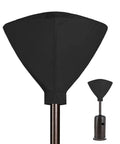 Vinyl Patio Heater Cover With Zipper And Storage Bag For Stand Up Propane Heaters Heavy Duty Waterproof Weatherproof Shield UV Resistant Fits 34 Inch Dome Heads And 18.5 Inch Bases Black shown on a heater.