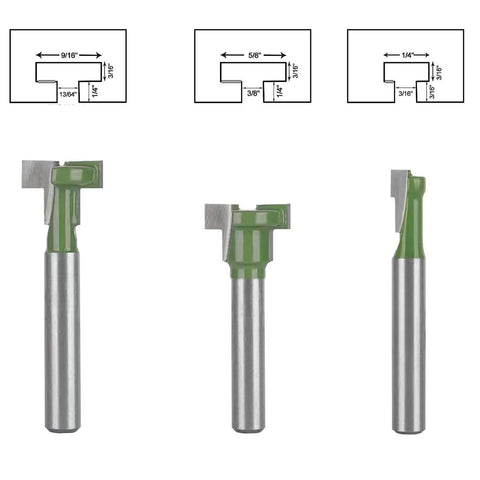 Keyhole Router Bit Set For Woodworking Six Piece Kit With Blade Diameters One Quarter Inch Five Sixteenth Inch Three Eighth Inch Nine Sixteenth Inch One Half Inch And Five Eighth Inch C2 Carbide Inserts Pro Grade Durable Alloy Bits For Slotting Tracks, showing three different bits with blade diameters.