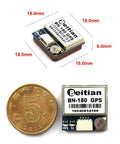 Dual Glonass GPS Module With UART TTL And Antenna dimensions and front view next to a coin for scale.