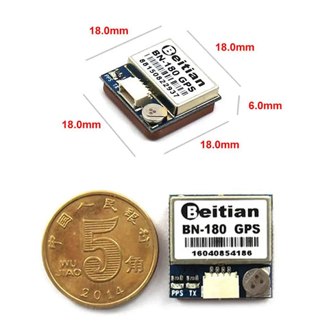Dual Glonass GPS Module With UART TTL And Antenna dimensions and front view next to a coin for scale.