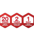 Red hexagons displaying 20-year warranty, 2-year wear and tear, and 1-day repair for Half Inch Cordless Hammer Drill Driver Tool Body Only.