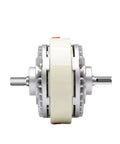 Magnetic powder brake clutch assembly with white rotor and aluminum housing, side view.