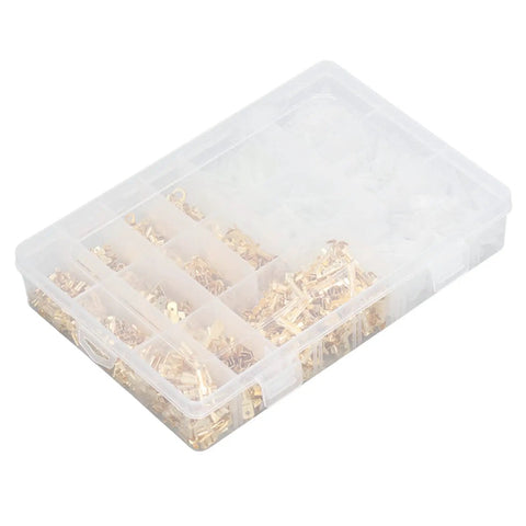 Slick Setup Pro Grade Killer Spade Connector Kit With 1000 Gold Plated Copper Male Female Wire Crimp Terminals in storage box.