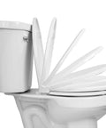 Round Toilet Seat With Heavy Duty Wood Core And Plastic Scratch Resistant Finish Soft Close in white shown in opening stages