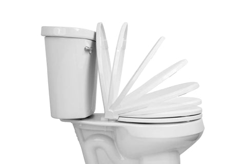 Round Toilet Seat With Heavy Duty Wood Core And Plastic Scratch Resistant Finish Soft Close in white shown in opening stages
