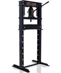 Heavy Duty 20 Ton Hydraulic Shop Press With Adjustable H Frame And Steel Press Plates Floor Mounted Bearing Press showing a sturdy black frame with hydraulic cylinder.