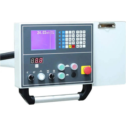 Control panel of 14 Inch 10 HP Three Phase Sliding Table Saw With DRO CNC Fence showing settings and measurements.