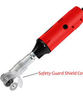 Front view of red VOTOER 550W corded die grinder with safety guard over grinding wheel.