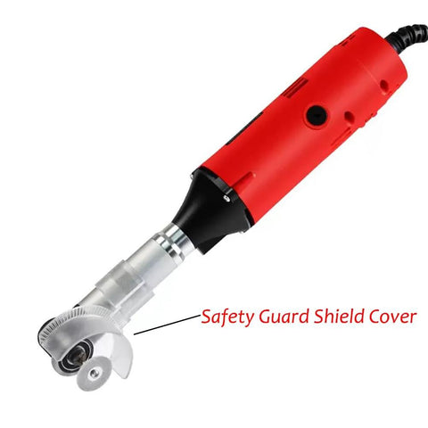 Front view of red VOTOER 550W corded die grinder with safety guard over grinding wheel.