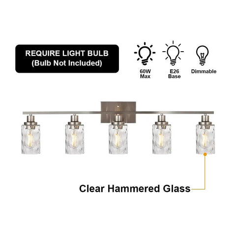 5 Light Brushed Nickel Vanity Light Fixtures With Hammered Glass Shades For Modern Bathrooms Hallways And Living Spaces