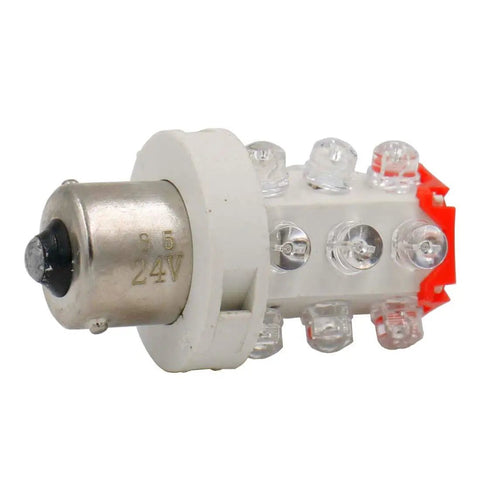 Close-up of a single 24V red LED indicator light bulb from 5 pack for industrial signal warning beacons and tower lights.