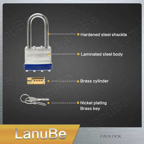 Diagram of Laminated Padlock Set 1 9 16 Inch Wide Body With Long Shackle, showing steel shackle, laminated body, brass cylinder, and keys.