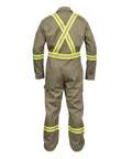 Workhorse Flame Resistant Coveralls Featuring Bold High Visibility Striping And Soft Cotton Nylon Blend For Straight Up Comfortable Daily Hazardous Environment Safety Wear, back view with yellow striping.