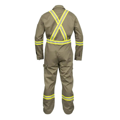 Workhorse Flame Resistant Coveralls Featuring Bold High Visibility Striping And Soft Cotton Nylon Blend For Straight Up Comfortable Daily Hazardous Environment Safety Wear, back view with yellow striping.