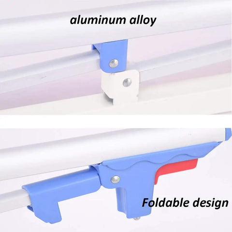 Close-up of foldable bed rail for elderly and adults, lightweight aluminum safety guard with no-fuss assembly mechanism.