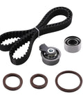 Timing Belt Kit For Hyundai Tiburon GK Cerato LD 2.0L DoHc G4Gc Engines 2006-2009 Has Tensioners To Help Your Machine Run Smooth And Last Longer Saving Cash On Fixes Avoiding Breakdowns Staying Safe With Long Life Guarantee. black timing belt, tensioner, bearing, and seals on white background