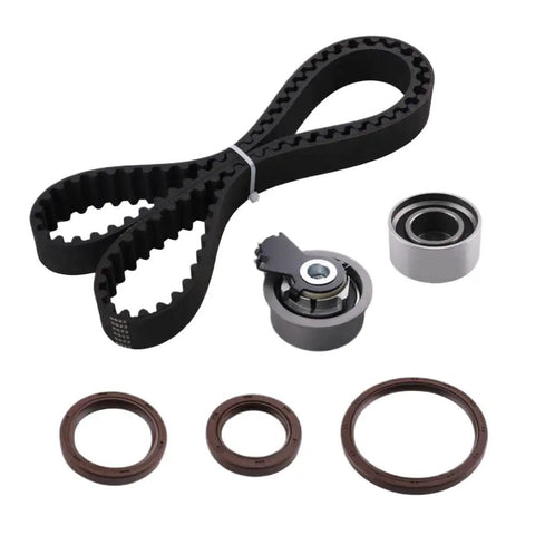 Timing Belt Kit For Hyundai Tiburon GK Cerato LD 2.0L DoHc G4Gc Engines 2006-2009 Has Tensioners To Help Your Machine Run Smooth And Last Longer Saving Cash On Fixes Avoiding Breakdowns Staying Safe With Long Life Guarantee. black timing belt, tensioner, bearing, and seals on white background