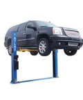 Heavy Duty Two Post Vehicle Lift With Baseplate And Open Top Design For Low Ceiling Garages, 8000 Lb Beefy Load Limit holding a black SUV.