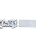Close-up of 50 Pack No-Fuss Easy Install DIN Rail End Clamp Terminal Blocks with Anti-Lock Spring for 0.2-4mm wires, gray color.