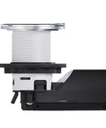 Top Tier Two Pack Of 15 Amp Kitchen Countertop Outlet With Matte White Housing And Brushed Stainless Steel Lid side view with wiring.