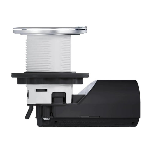 Top Tier Two Pack Of 15 Amp Kitchen Countertop Outlet With Matte White Housing And Brushed Stainless Steel Lid side view with wiring.