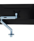 Heavy Duty Full Motion Mechanical Monitor Wall Mount Adjustable Dual Screen Articulating Arm with smooth blue arm behind monitor.