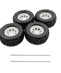 4Pcs RC Car Wheel Set With Rubber Tires And Metal Shaft Axles, Dope 55mm Diameter Wheels, 24mm Width, 3mm Shaft, 100mm Rods shown
