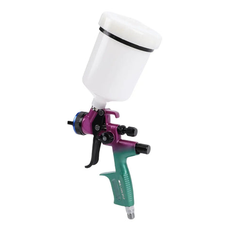 Straight Up Pro HVLP Spray Gun With Six Hundred Ml Cup And One Point Three Mm Nozzle For Dang Smooth Art Furniture Paint Projects And Zero Overspray Hassle Daily, featuring white cup and colorful grip.