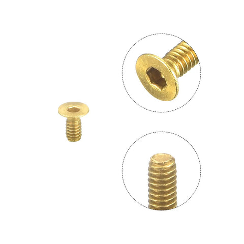 Top Shelf Precision Brass Flat Head Socket Cap Screws M2 X 4mm Inner Hex Drive Fasteners showing a gold colored screw with hex socket.