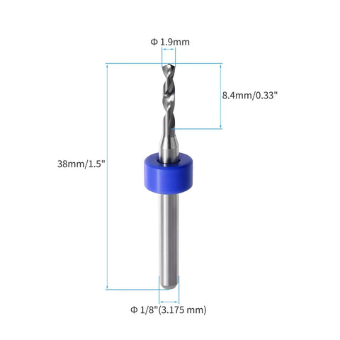 1.9Mm Micro Drill Bits Tungsten Carbide Set, single drill bit with 3.18mm shank size and 38mm length, shown with measurements