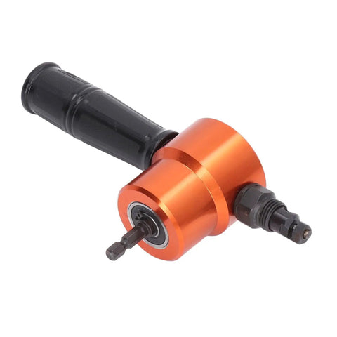 360 Degree Dual Head Sheet Metal Cutter Drill Bit Attachment For Precise Cutting And Drilling Metal Pipes And Panels Adjustable Angle Tool in orange with black handle.