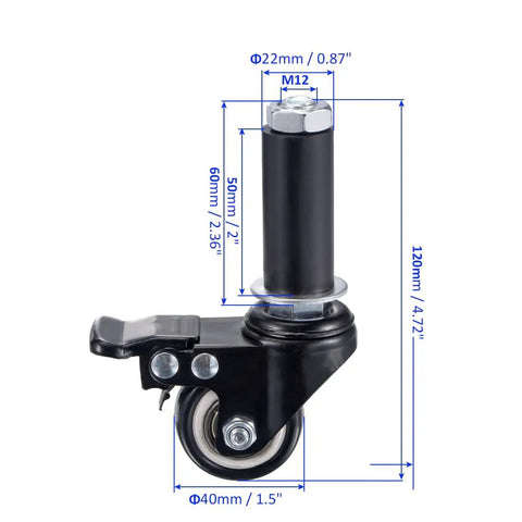 Heavy Duty 4 Pack Swivel Expanding Stem Casters With Firm Brake And Smooth Rolling PVC Wheels Paired With Tough Steel Braces For Quicker Furniture Swap On Tables And Bar Stools In Matte Black