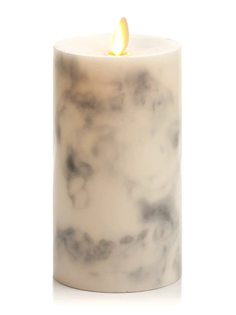 Realistic Marble Candles With Moving Flame LED Lights Battery Operated Unscented Remote Ready Not Included Create Cozy Vibes In Any Room 3.25 Inch Diameter 6.5 Inch Height, showing grey marble texture with flickering flame effect