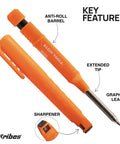 Tough As Nails Mechanical Carpenter Pencil Featuring Integrated Sharpener Plus Ten Pack Assorted Color Leads For Deep Layout Marking On Woodwork And Job Sites, orange body, integrated sharpener, extended tip.