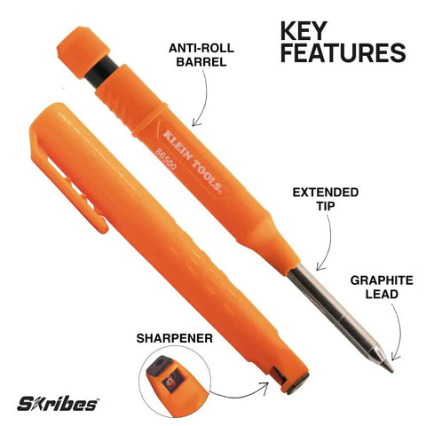 Tough As Nails Mechanical Carpenter Pencil Featuring Integrated Sharpener Plus Ten Pack Assorted Color Leads For Deep Layout Marking On Woodwork And Job Sites, orange body, integrated sharpener, extended tip.