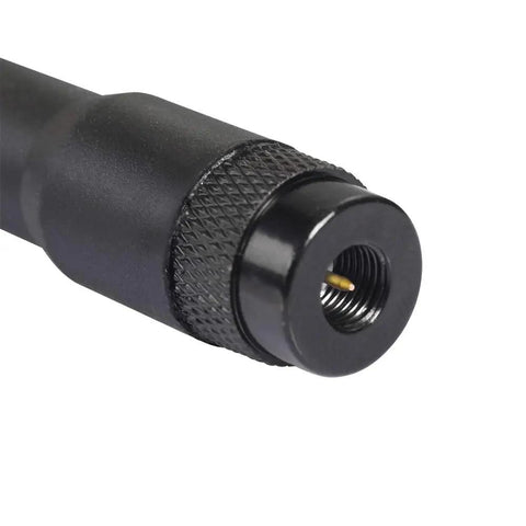 Close-up of SMA male connector on Two Pack Omni Directional Dual Band Ham Radio Antenna For VHF UHF 136 To 174 And 400 To 470 MHz With SMA Male Connectors, Compact Handheld Antennas For Field Ops And On The Go Communications.